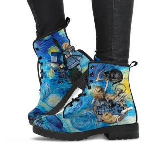 Alice in Wonderland Boots - Alice in Starry Night #102 Navy Series | Custom Shoes, Vincent van Gogh's World Famous Painting, Vegan Shoes