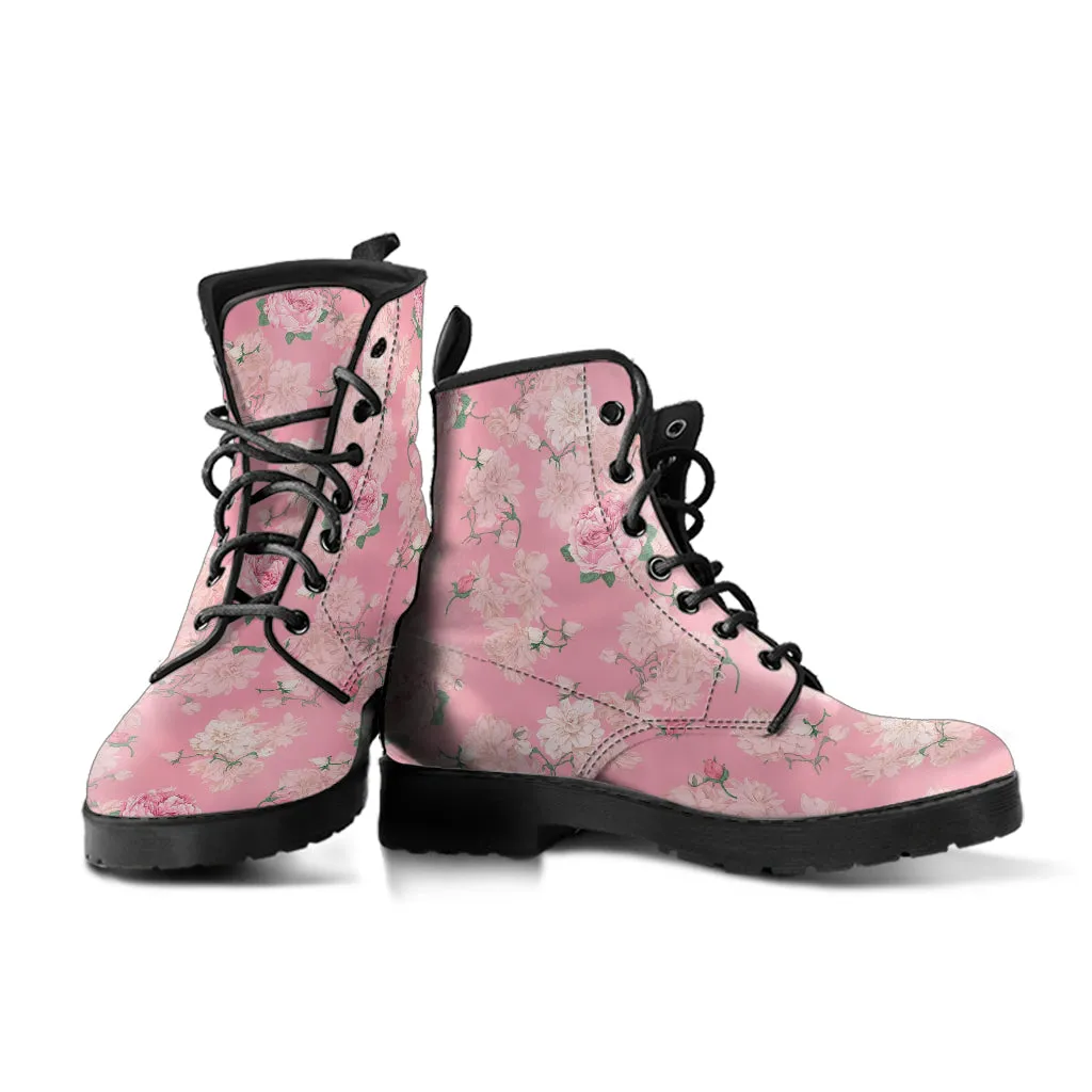 Combat Boots - Lovely Flowers #102 Pink | Vegan Leather Lace Up, Birthday Gifts, Gift Idea, Women's Custom Shoes, Aesthetic Cute Kawaii