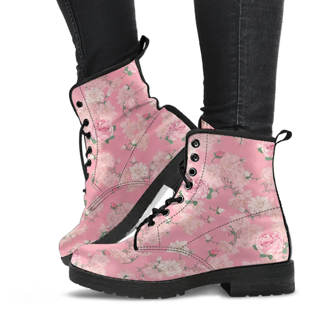 Combat Boots - Lovely Flowers #102 Pink | Vegan Leather Lace Up, Birthday Gifts, Gift Idea, Women's Custom Shoes, Aesthetic Cute Kawaii