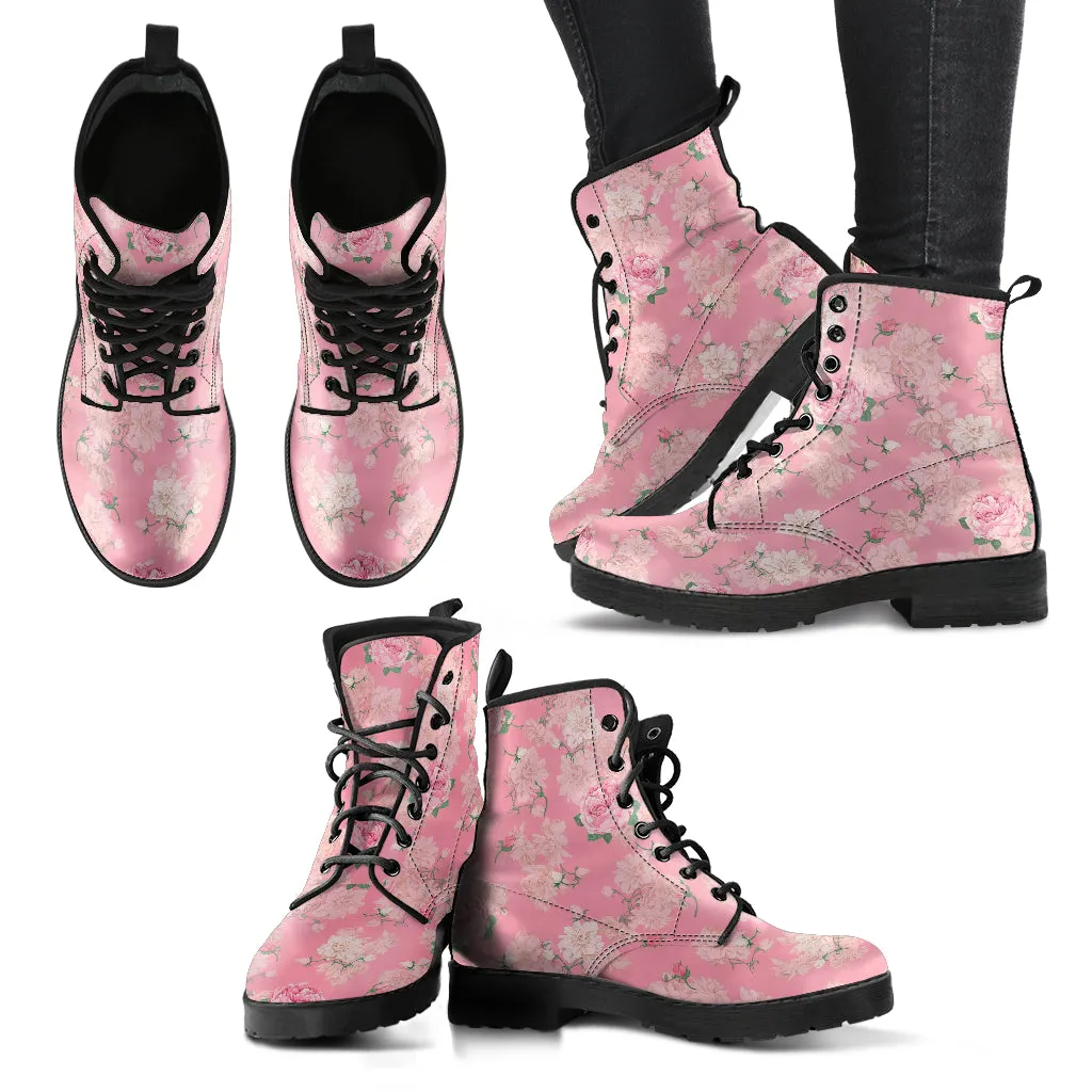 Combat Boots - Lovely Flowers #102 Pink | Vegan Leather Lace Up, Birthday Gifts, Gift Idea, Women's Custom Shoes, Aesthetic Cute Kawaii