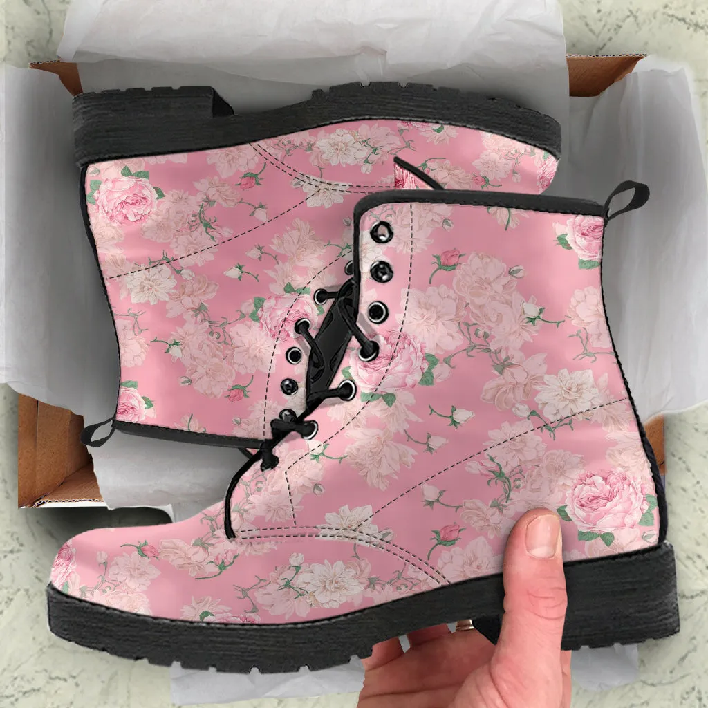 Combat Boots - Lovely Flowers #102 Pink | Vegan Leather Lace Up, Birthday Gifts, Gift Idea, Women's Custom Shoes, Aesthetic Cute Kawaii