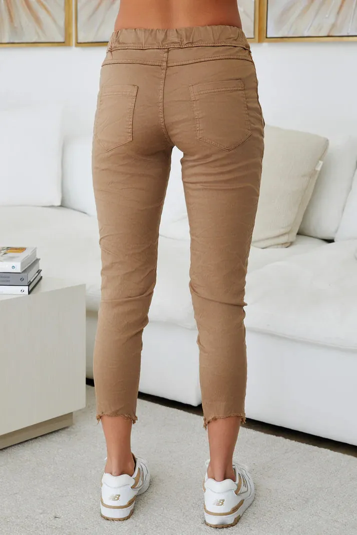 Zip Pocket Crinkle Jogger w/Raw Hem by Milio Milano in Camel
