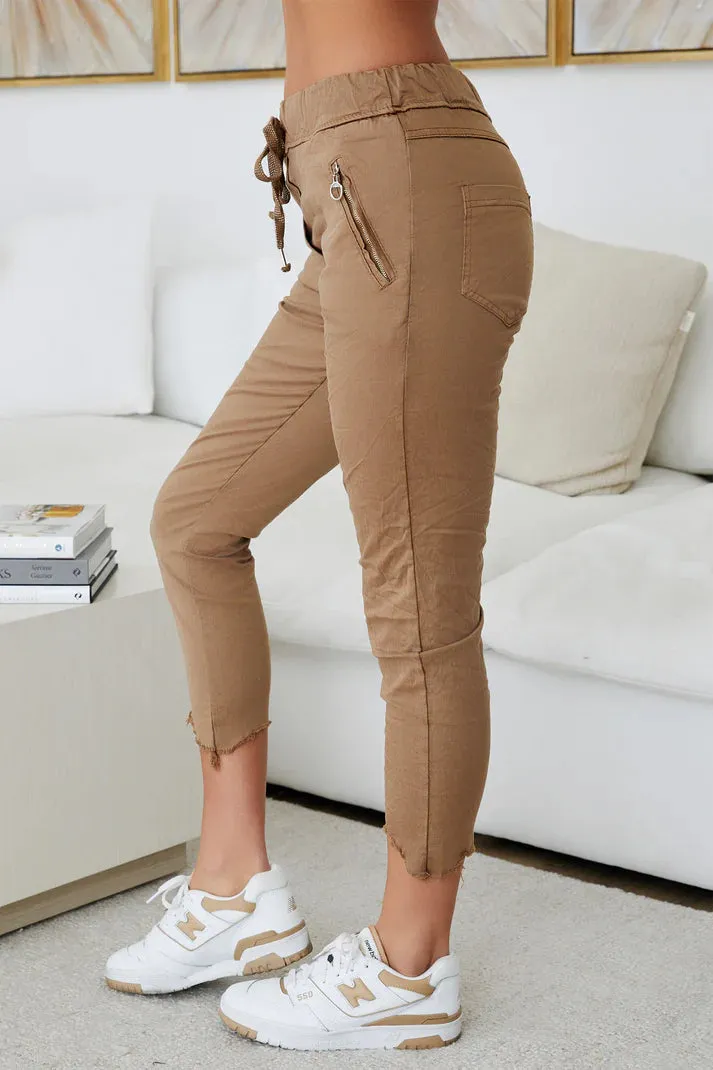 Zip Pocket Crinkle Jogger w/Raw Hem by Milio Milano in Camel